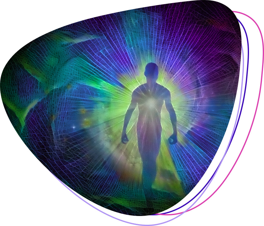 A silhouette of a human figure walking forward, surrounded by vibrant, radiant light. The figure is enveloped in a glowing aura with shades of green, blue, and purple, creating an ethereal, cosmic atmosphere.