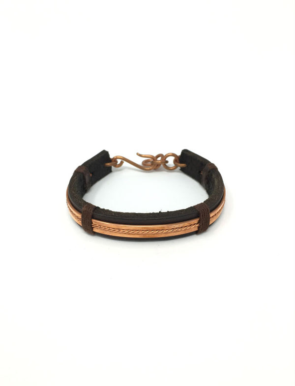 7D Men’s Chocolate Brown Leather and Mixed Flat & Twisted Polished Copper Bands Bracelet