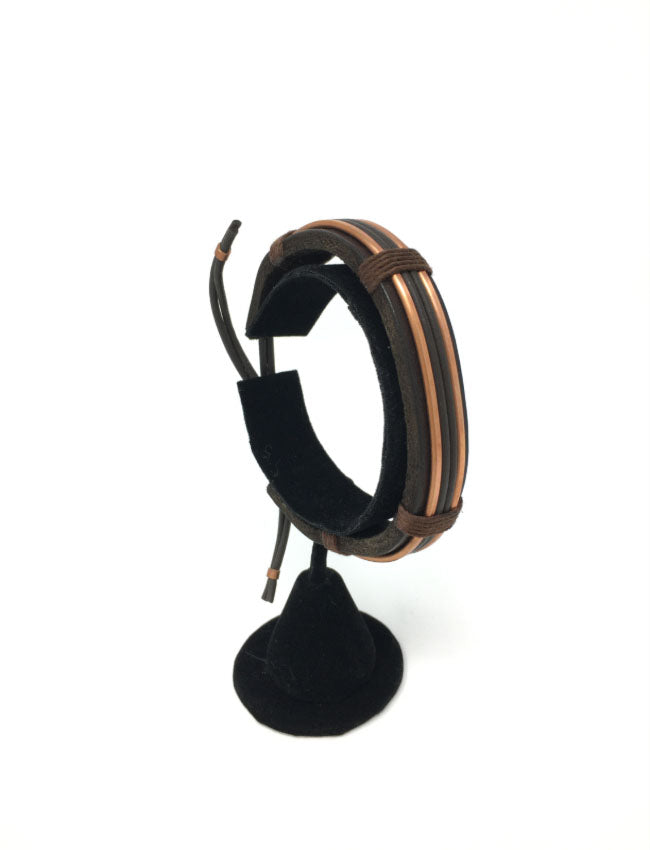 7D Men’s Dark Brown Leather and Polished Copper Band with Double Leather Mid-Band Bracelet